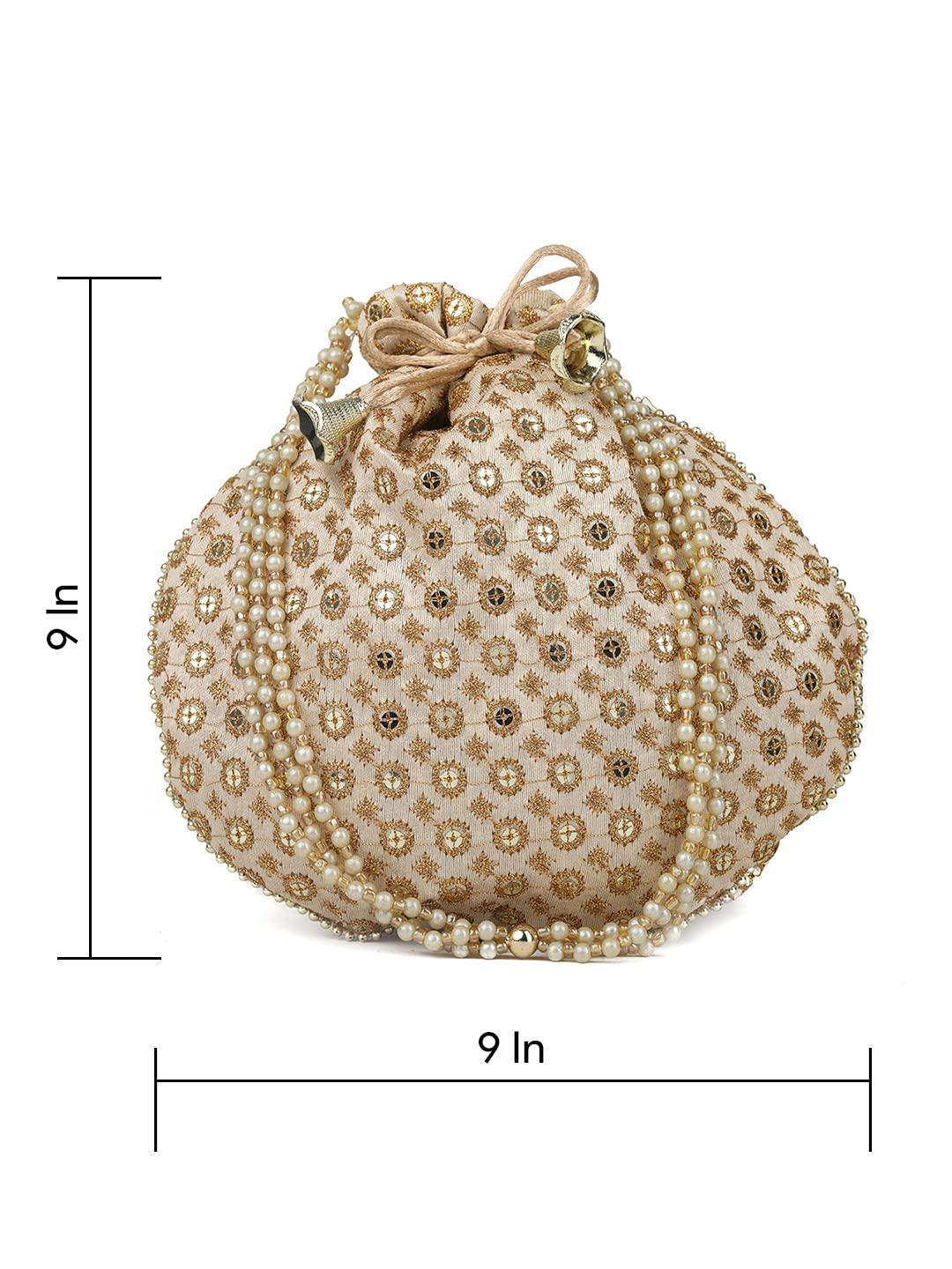 AGTO (Golden) Designered Silk Embroidered Bridal Potli bags,potli purse for ladies,ethnic potli pouches for return gift traditional potli bags - AGTO Fashion