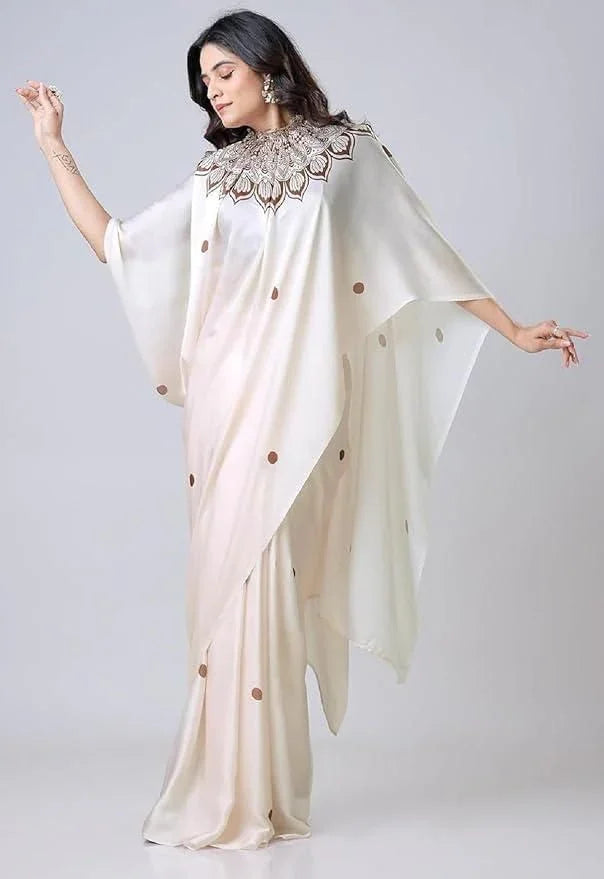 Satin Silk Printed Kaftan Saree With Unstitched Blouse - AGTO Fashion