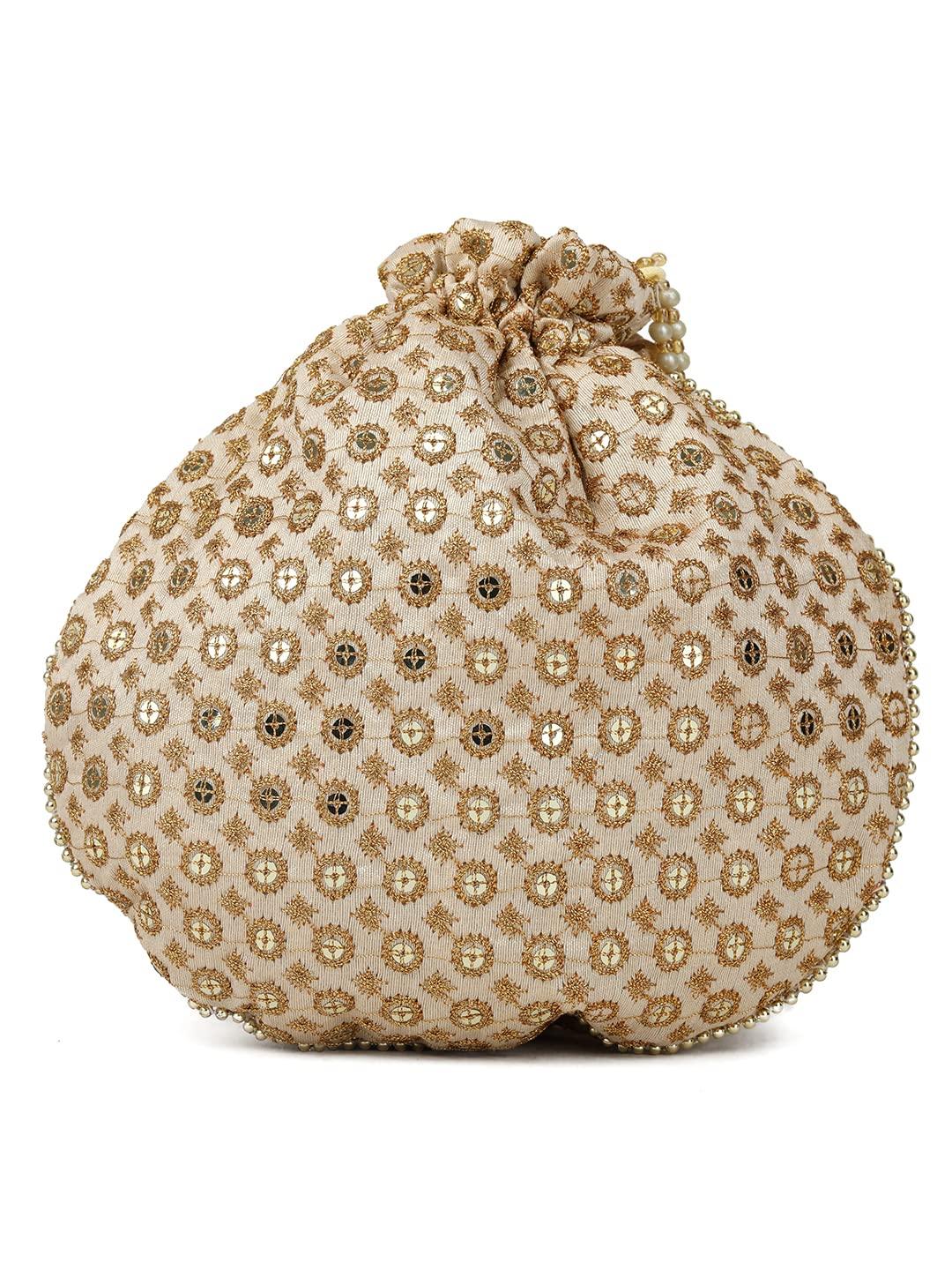 AGTO (Golden) Designered Silk Embroidered Bridal Potli bags,potli purse for ladies,ethnic potli pouches for return gift traditional potli bags - AGTO Fashion