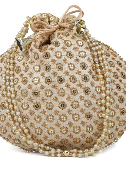 AGTO (Golden) Designered Silk Embroidered Bridal Potli bags,potli purse for ladies,ethnic potli pouches for return gift traditional potli bags - AGTO Fashion