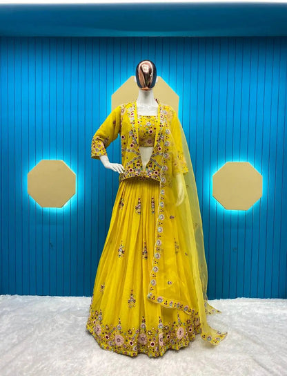 Elegant Chinon Embroidered Blazer Lehenga Set with Tube Choli and Organza Dupatta | Full Stitched - AGTO Fashion