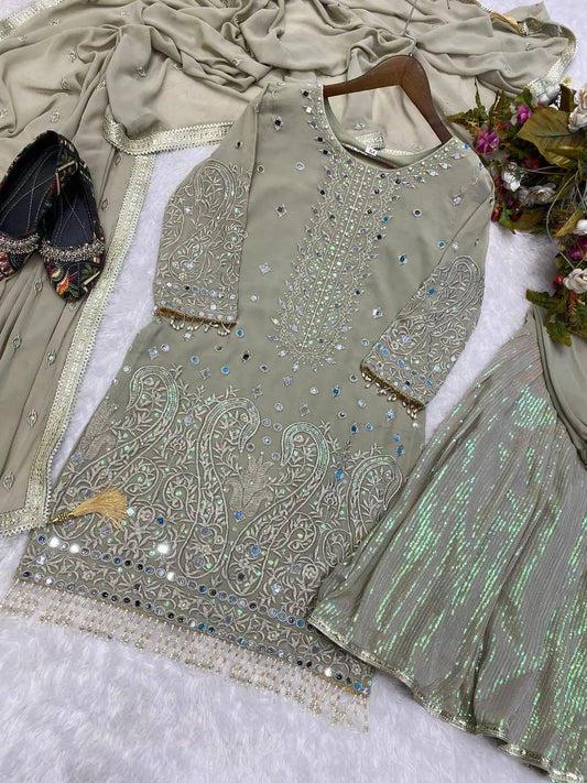 Elegant Georgette Suit Set with Sequins Embroidery, Gharara & Dupatta | Real Mirror Work - AGTO Fashion