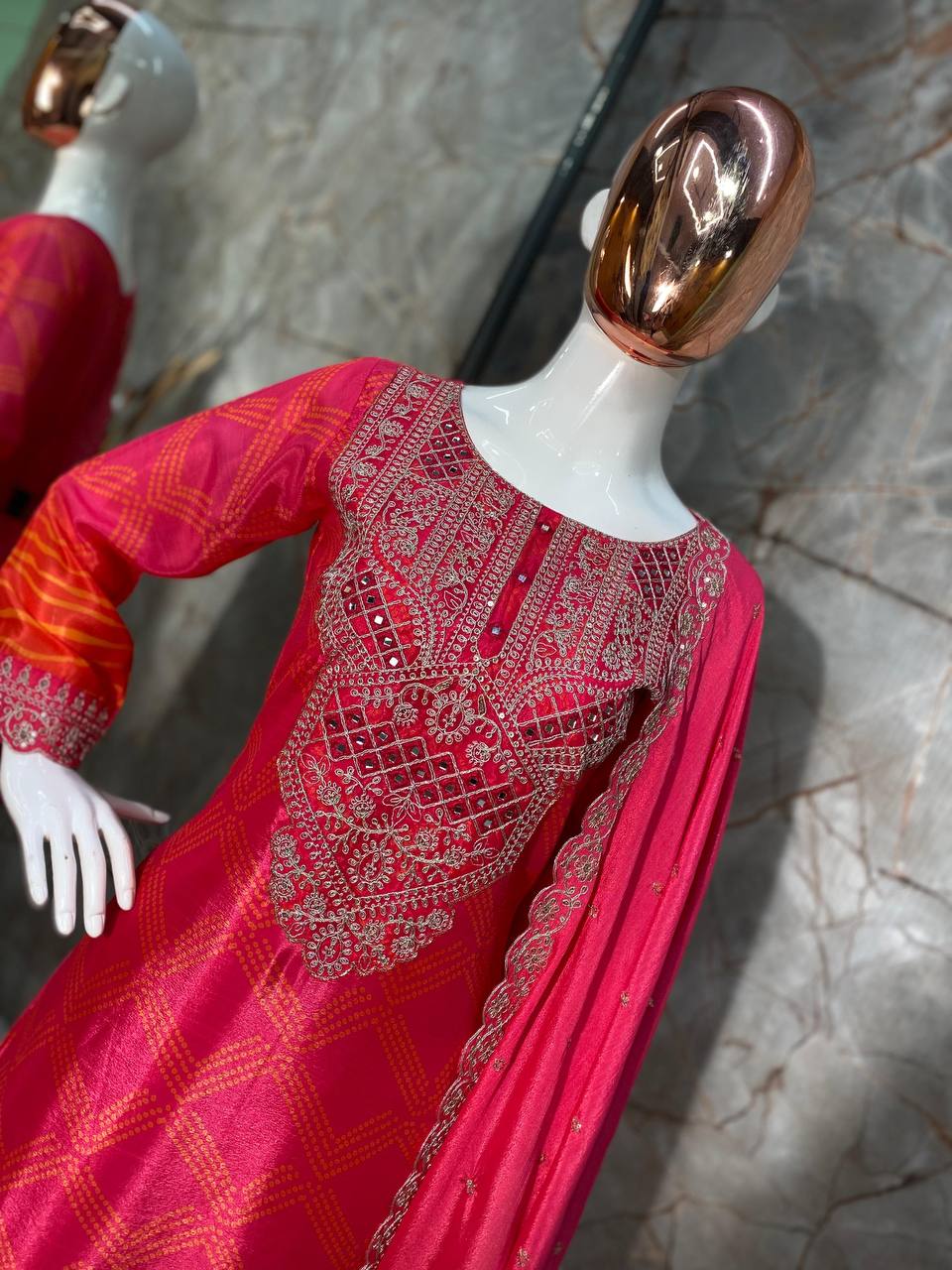 Premium Chinon Silk Suit Set with Pant & Dupatta | Real Mirror & Sequence Work - AGTO Fashion