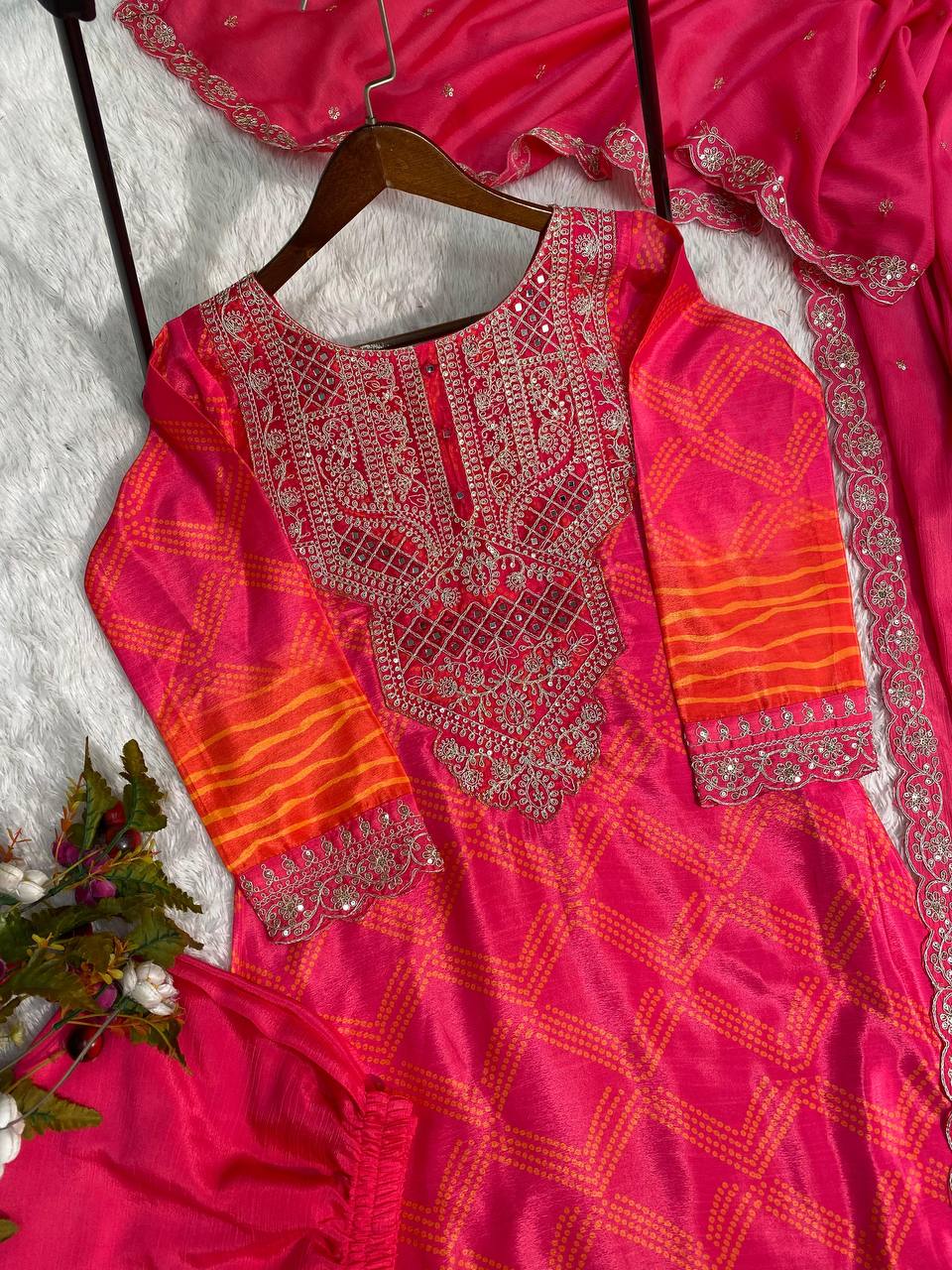 Premium Chinon Silk Suit Set with Pant & Dupatta | Real Mirror & Sequence Work - AGTO Fashion