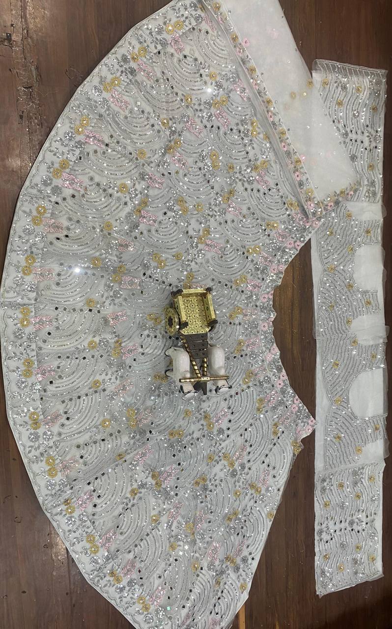 Real Mirror Embroidered Soft Butterfly Net Lehenga Set | Semi-Stitched with Dupatta & Blouse - AGTO Fashion