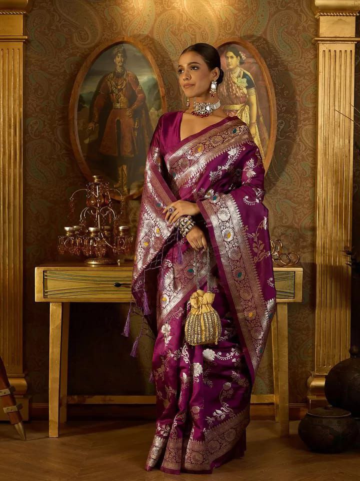 Banarasi Soft Silk Saree with Zari Work & Jacquard Border | Traditional Elegance from KASTURI Store - AGTO Fashion