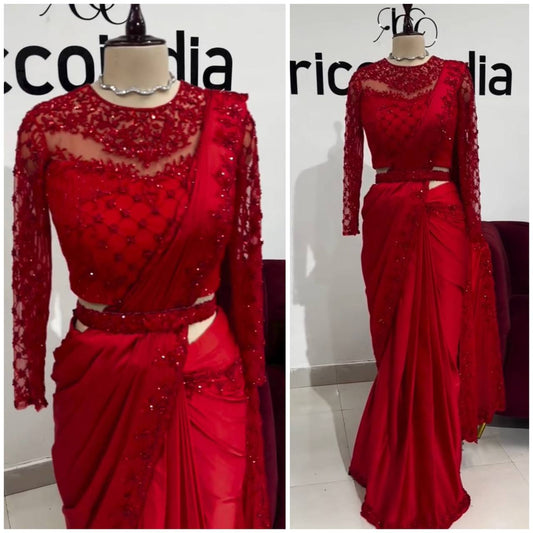 Tabby Silk Saree with Embroidery Sequins Work & Belt | Elegant & Stylish - AGTO Fashion