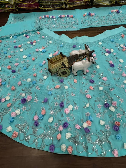 Faux Georgette Lehenga Saree with Ruffle & Mirror Work | Full Stitched with Sequins Embroidered Blouse - AGTO Fashion