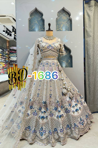 Exquisite Heavy Mono Satin Silk Lehenga Set with Sequins Cut Work, Flared 4 M, Unstitched Blouse & Soft Chinon Silk Dupatta - AGTO Fashion