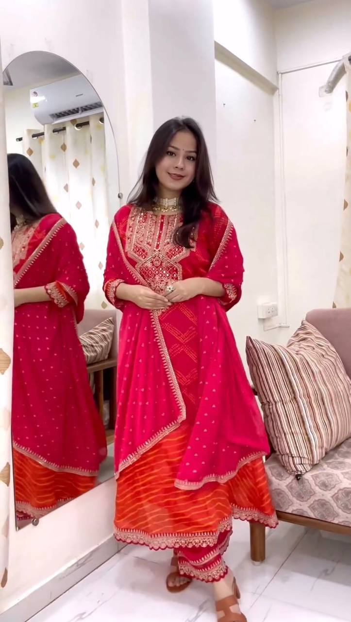 Premium Chinon Silk Suit Set with Pant & Dupatta | Real Mirror & Sequence Work - AGTO Fashion