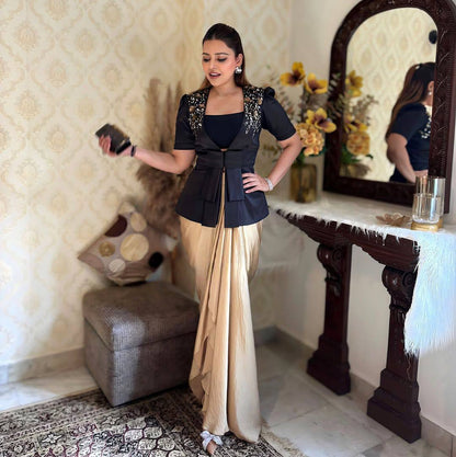 rendy Ethnic Set with Tube Blouse, Dhoti & Embroidered Blazer | French Crape & Japan Satin | Free Size | Premium Finish - AGTO Fashion