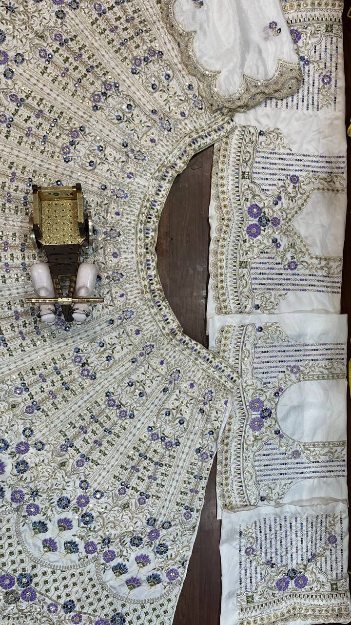 Exquisite Heavy Mono Satin Silk Lehenga Set with Sequins Cut Work, Flared 4 M, Unstitched Blouse & Soft Chinon Silk Dupatta - AGTO Fashion