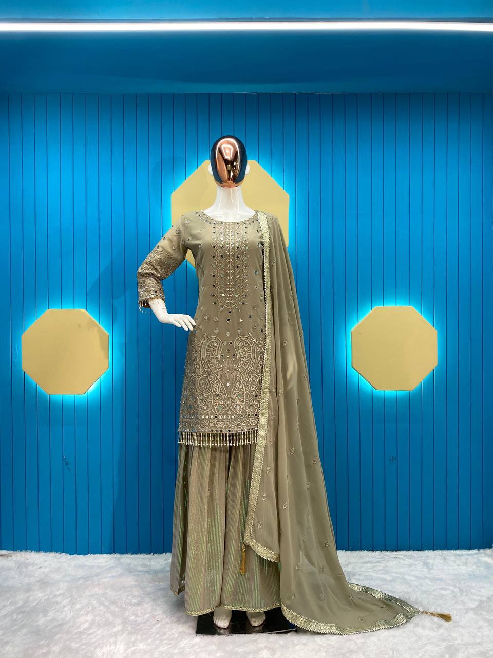 Elegant Georgette Suit with Gharara & Dupatta – Real Mirror & Sequin Embroidery - AGTO Fashion