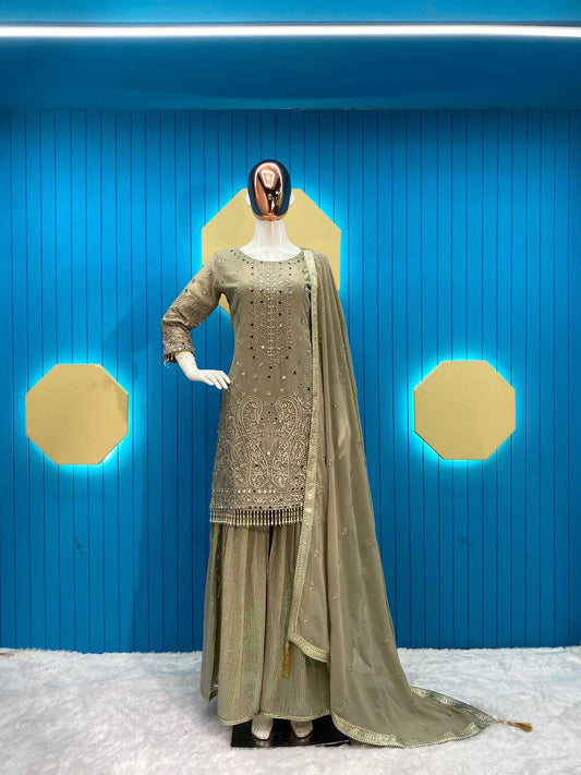 Elegant Georgette Suit with Gharara & Dupatta – Real Mirror & Sequin Embroidery - AGTO Fashion