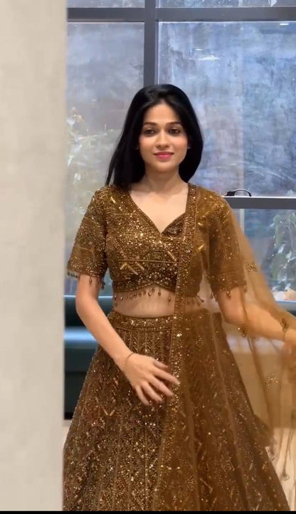 Soft Butterfly Net Lehenga Set with Sequins Embroidery | Semi-Stitched with Matching Dupatta & Blouse - AGTO Fashion