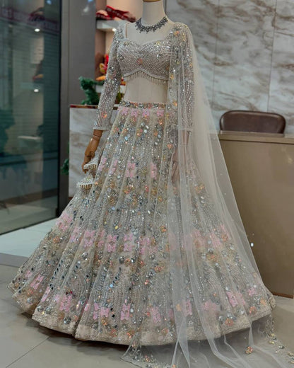 Real Mirror Embroidered Soft Butterfly Net Lehenga Set | Semi-Stitched with Dupatta & Blouse - AGTO Fashion