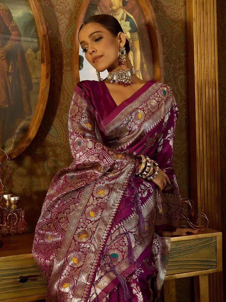 Banarasi Soft Silk Saree with Zari Work & Jacquard Border | Traditional Elegance from KASTURI Store - AGTO Fashion