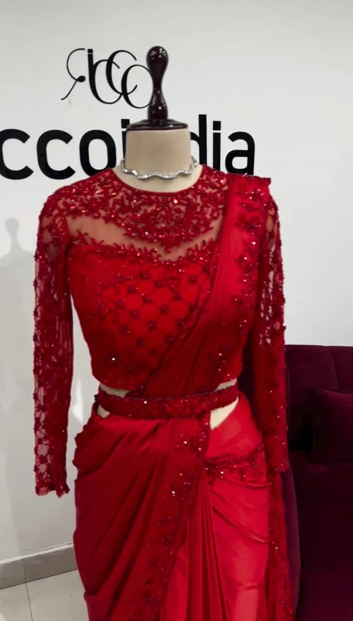 Tabby Silk Saree with Embroidery Sequins Work & Belt | Elegant & Stylish - AGTO Fashion