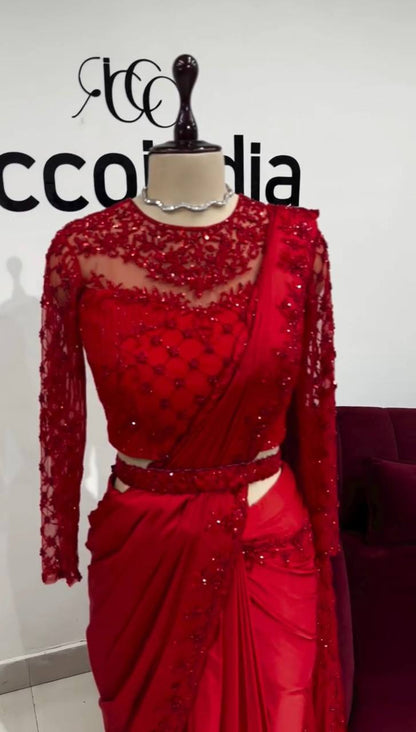 Tabby Silk Saree with Embroidery Sequins Work & Belt | Elegant & Stylish - AGTO Fashion