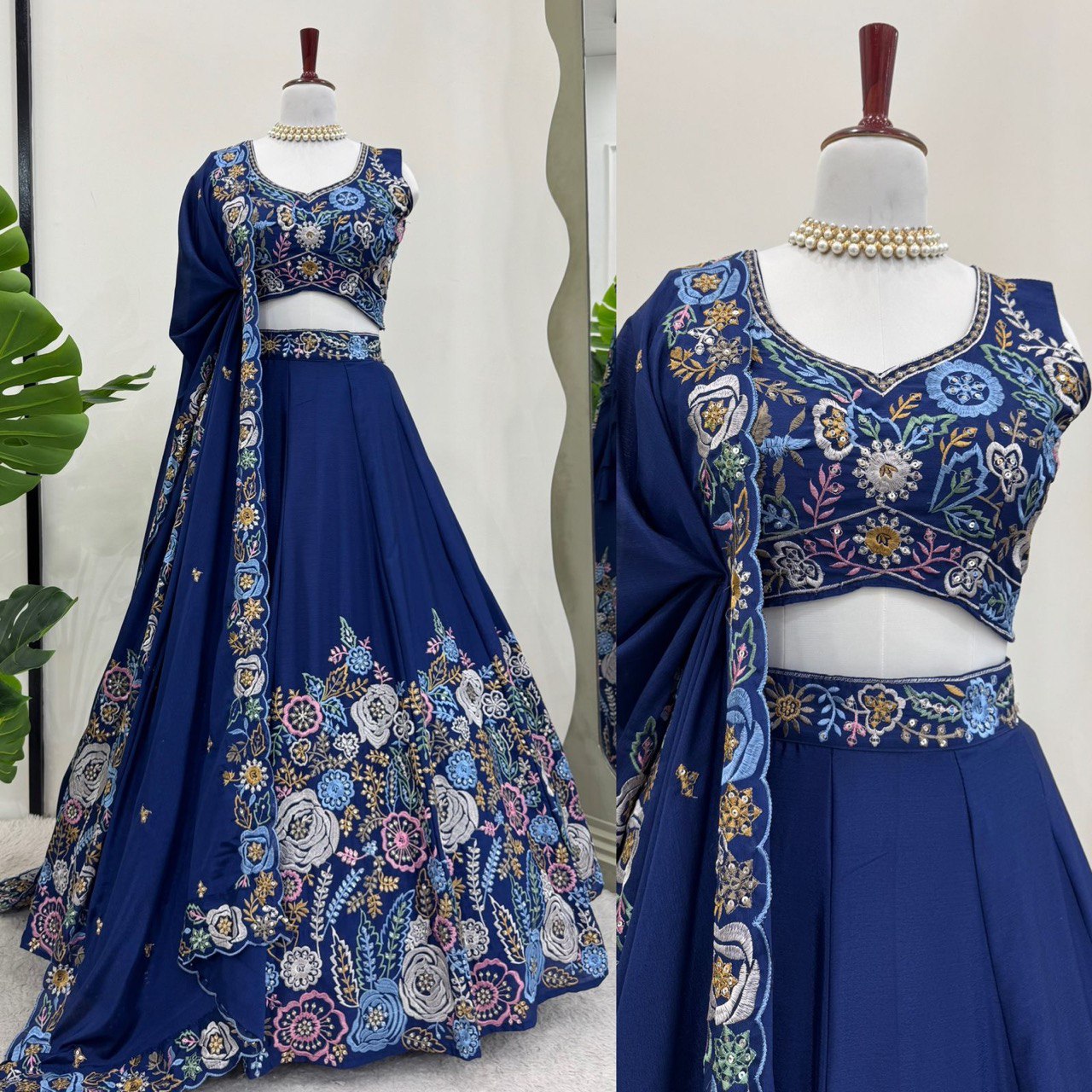 Designer Heavy Chinon Silk Lehenga Set with Thread & Sequin Work | 4M Flare with Cancan | Unstitched Choli & Dupatta with Cutwork Border - AGTO Fashion