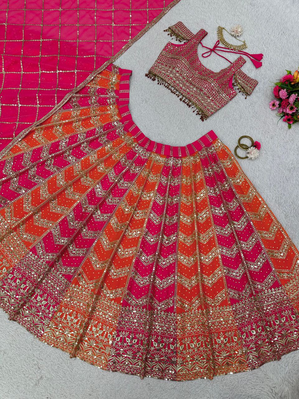 Fox Georgette Lehenga Set with 3+5mm Sequins & Real Diamond Detailing - AGTO Fashion