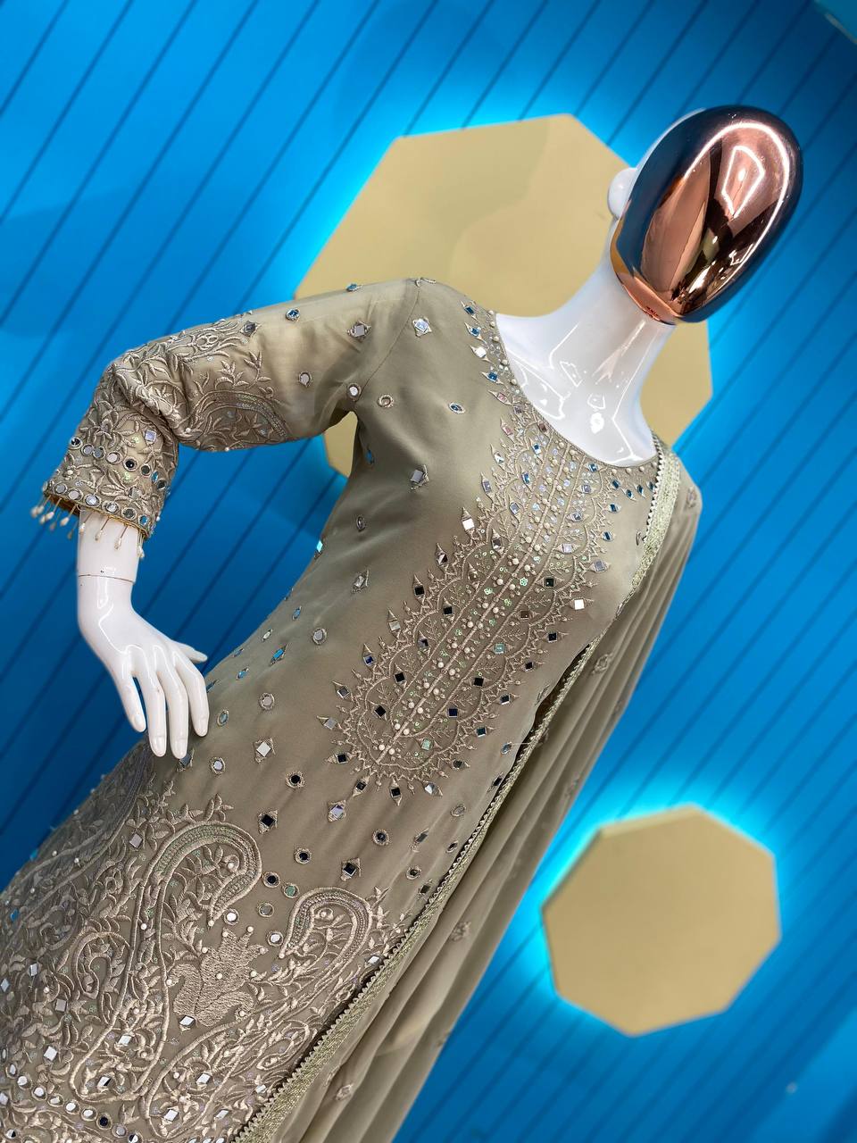 Elegant Georgette Suit with Gharara & Dupatta – Real Mirror & Sequin Embroidery - AGTO Fashion