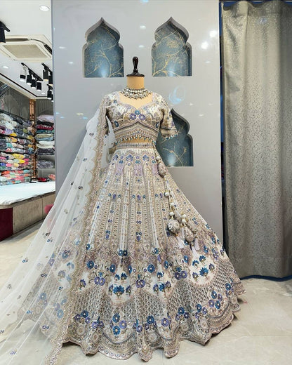 Exquisite Heavy Mono Satin Silk Lehenga Set with Sequins Cut Work, Flared 4 M, Unstitched Blouse & Soft Chinon Silk Dupatta - AGTO Fashion