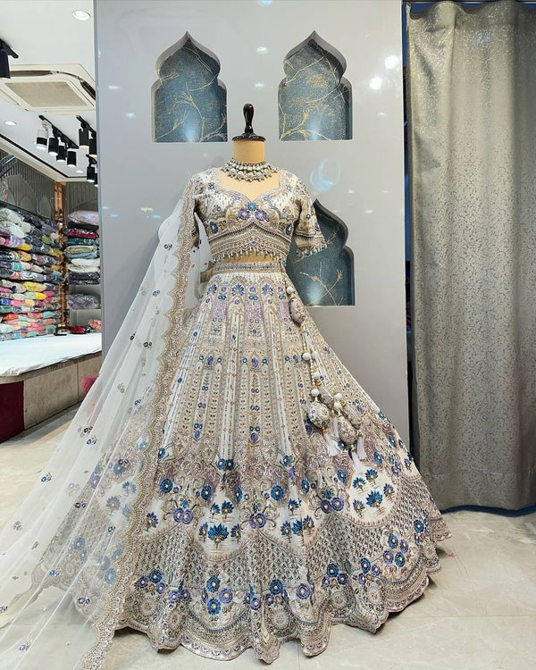 Exquisite Heavy Mono Satin Silk Lehenga Set with Sequins Cut Work, Flared 4 M, Unstitched Blouse & Soft Chinon Silk Dupatta - AGTO Fashion