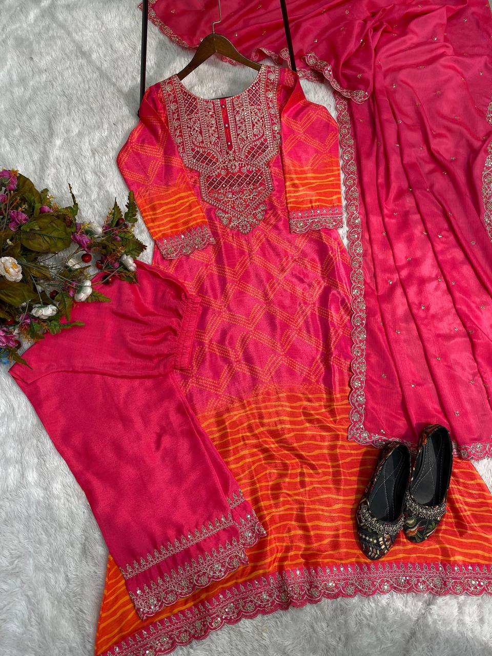 Premium Chinon Silk Suit Set with Pant & Dupatta | Real Mirror & Sequence Work - AGTO Fashion