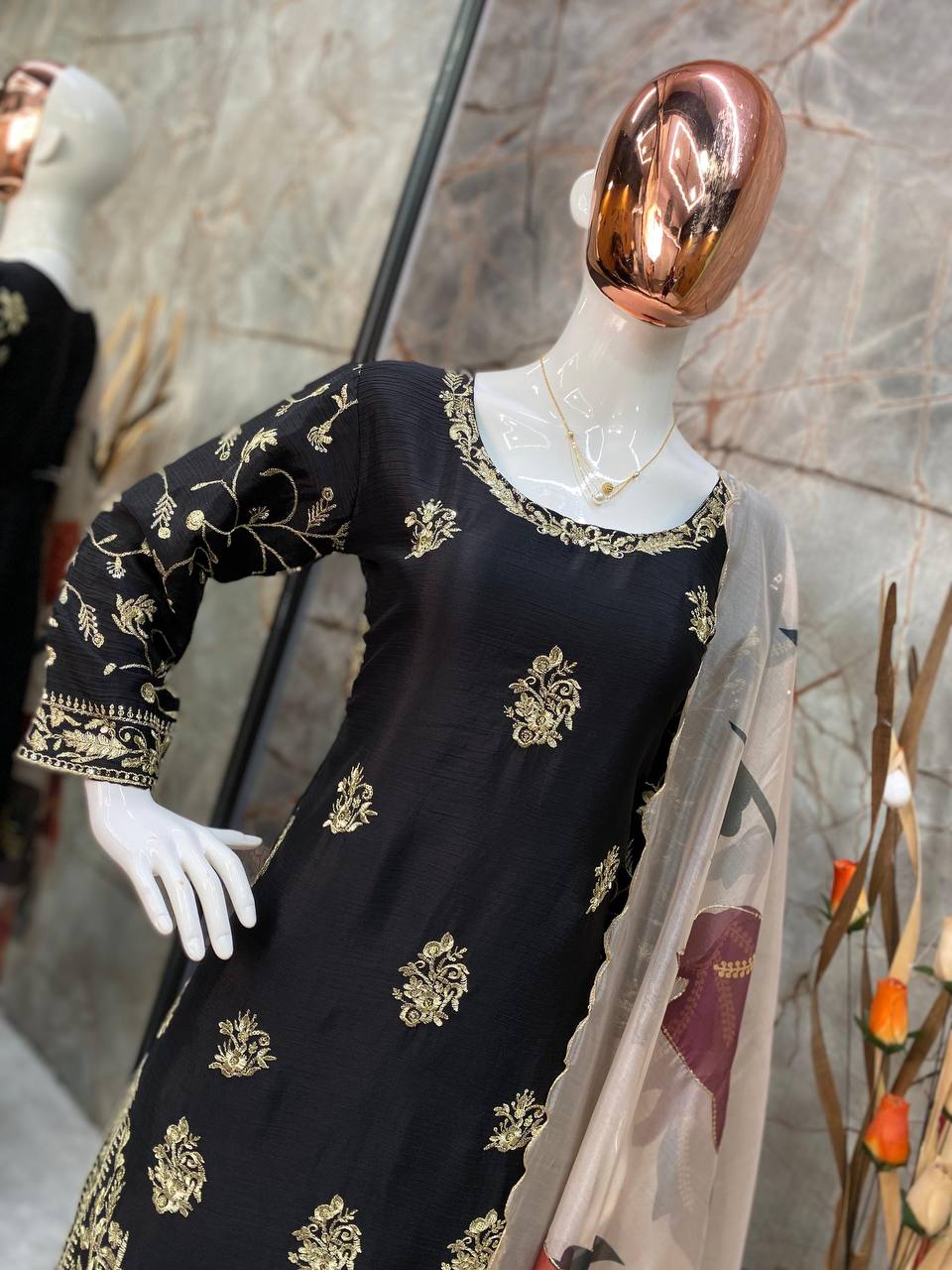 Chinon Sharara Suit Set with Sequin Embroidery & Organza Dupatta | Elegant Festive Wear 💫 - AGTO Fashion