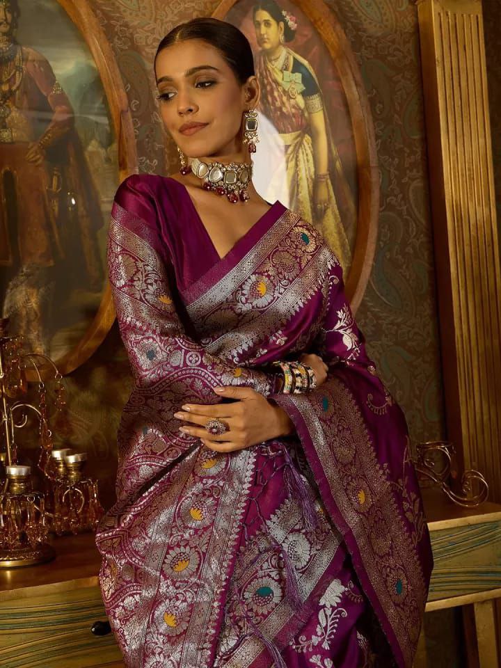 Banarasi Soft Silk Saree with Zari Work & Jacquard Border | Traditional Elegance from KASTURI Store - AGTO Fashion