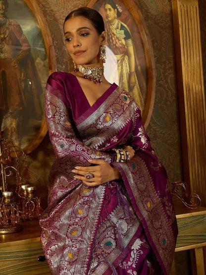 Banarasi Soft Silk Saree with Zari Work & Jacquard Border | Traditional Elegance from KASTURI Store - AGTO Fashion