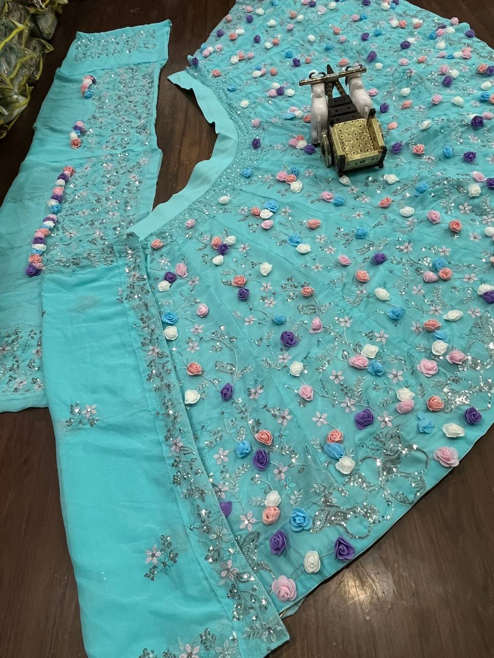 Faux Georgette Lehenga Saree with Ruffle & Mirror Work | Full Stitched with Sequins Embroidered Blouse - AGTO Fashion