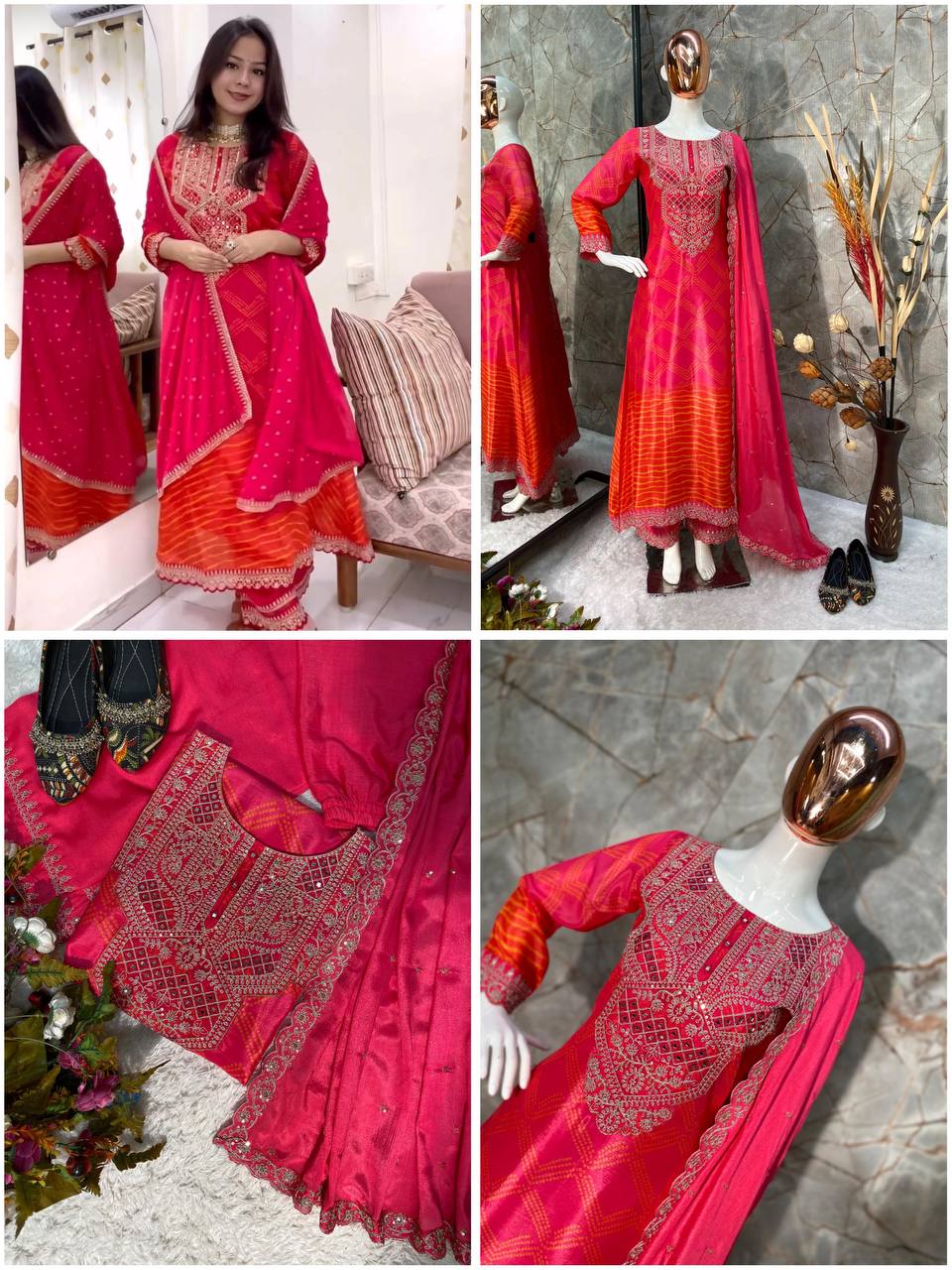 Premium Chinon Silk Suit Set with Pant & Dupatta | Real Mirror & Sequence Work - AGTO Fashion