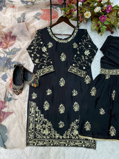 Chinon Sharara Suit Set with Sequin Embroidery & Organza Dupatta | Elegant Festive Wear 💫 - AGTO Fashion