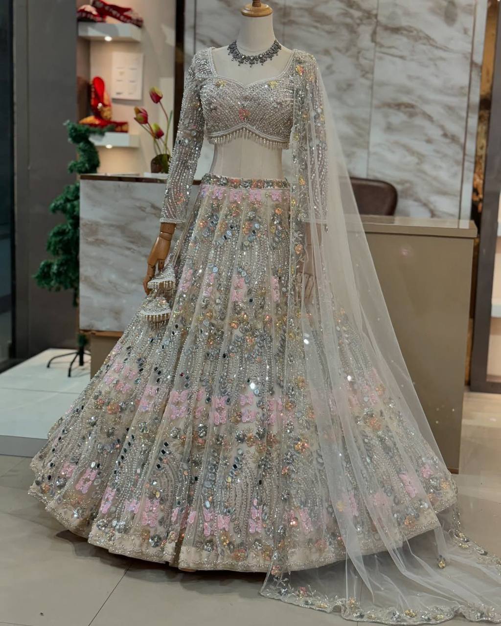 Real Mirror Embroidered Soft Butterfly Net Lehenga Set | Semi-Stitched with Dupatta & Blouse - AGTO Fashion