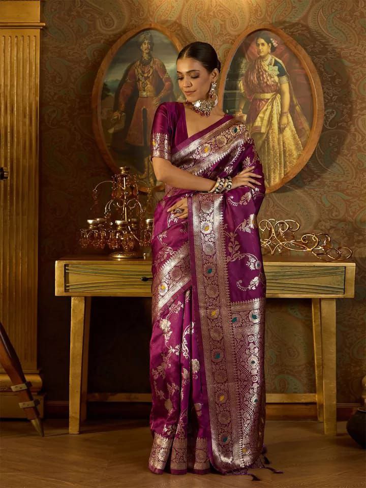 Banarasi Soft Silk Saree with Zari Work & Jacquard Border | Traditional Elegance from KASTURI Store - AGTO Fashion