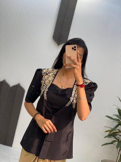 rendy Ethnic Set with Tube Blouse, Dhoti & Embroidered Blazer | French Crape & Japan Satin | Free Size | Premium Finish - AGTO Fashion