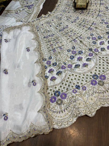 Exquisite Heavy Mono Satin Silk Lehenga Set with Sequins Cut Work, Flared 4 M, Unstitched Blouse & Soft Chinon Silk Dupatta - AGTO Fashion