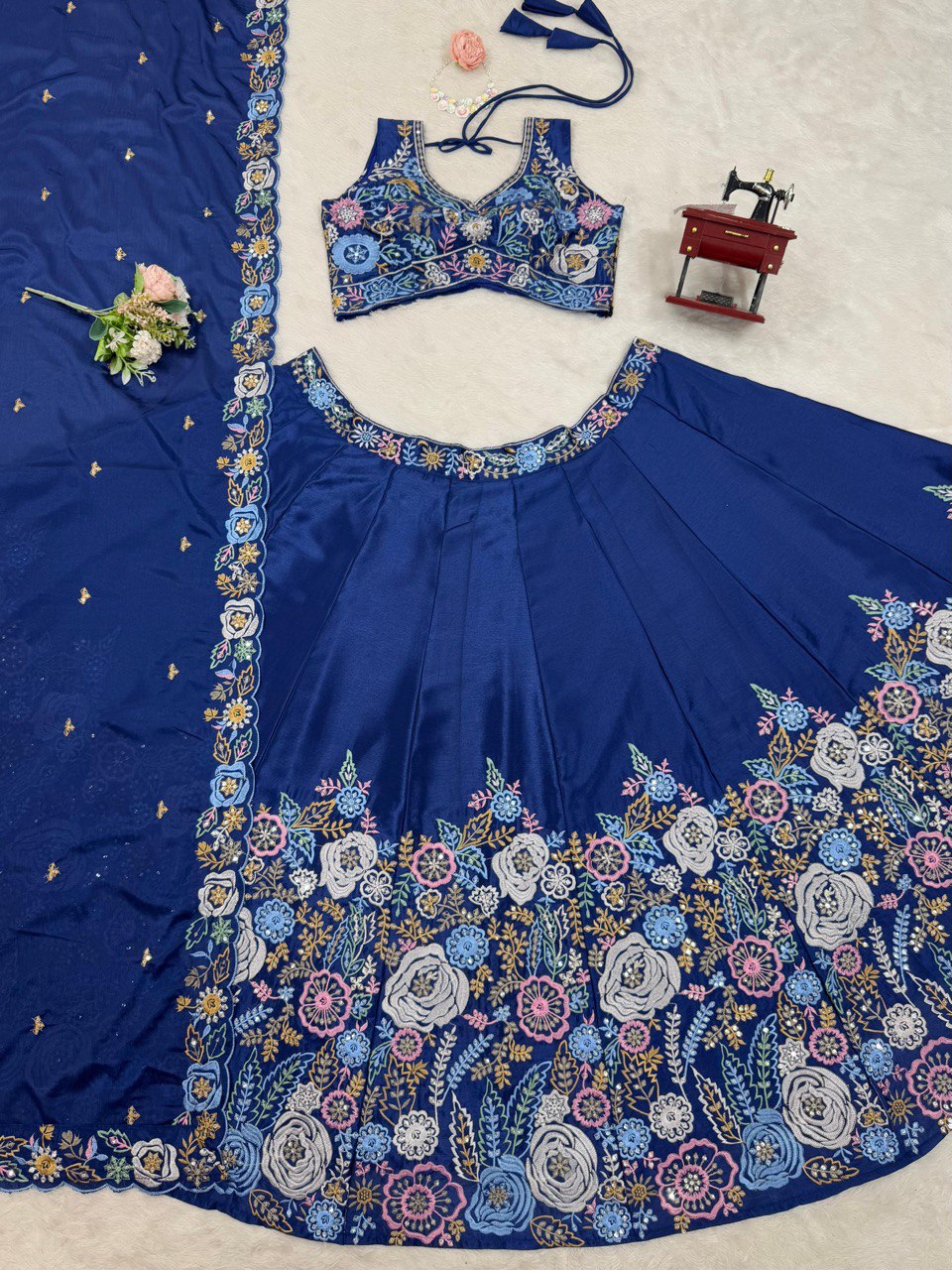 Designer Heavy Chinon Silk Lehenga Set with Thread & Sequin Work | 4M Flare with Cancan | Unstitched Choli & Dupatta with Cutwork Border - AGTO Fashion