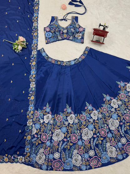 Designer Heavy Chinon Silk Lehenga Set with Thread & Sequin Work | 4M Flare with Cancan | Unstitched Choli & Dupatta with Cutwork Border - AGTO Fashion