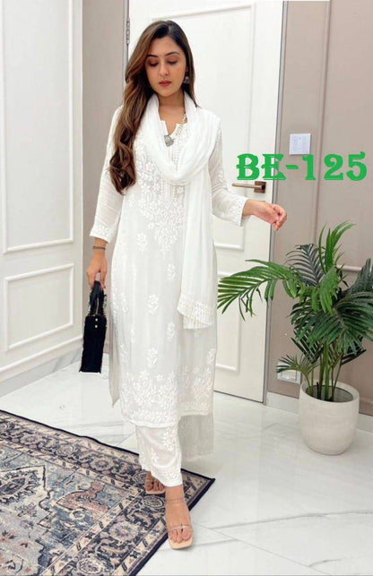 Elegant Maslin Embroidered Suit Set with Plazo & Dupatta | Thread Work Detailing - AGTO Fashion