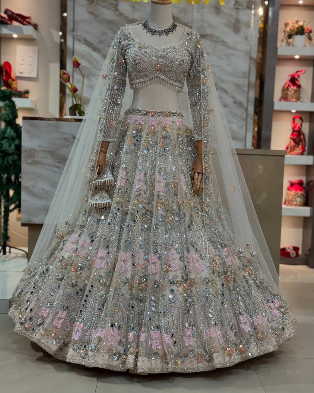 Real Mirror Embroidered Soft Butterfly Net Lehenga Set | Semi-Stitched with Dupatta & Blouse - AGTO Fashion