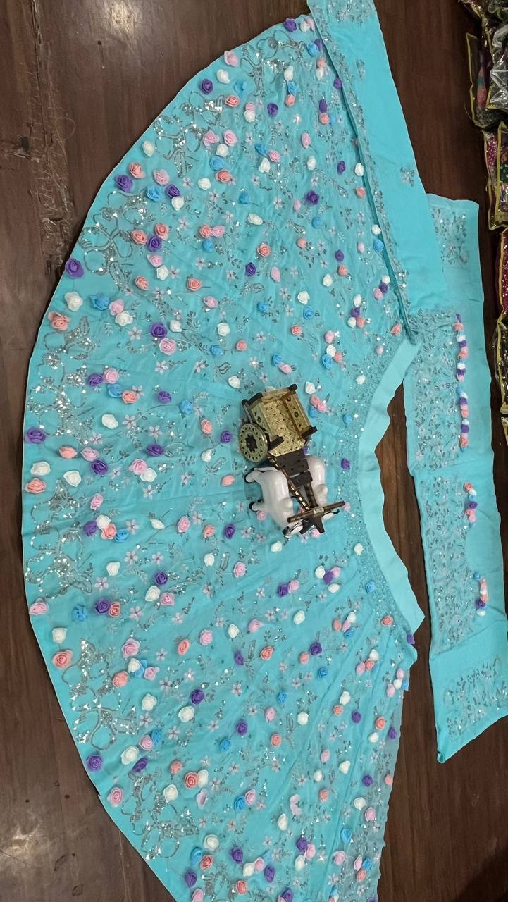 Faux Georgette Lehenga Saree with Ruffle & Mirror Work | Full Stitched with Sequins Embroidered Blouse - AGTO Fashion