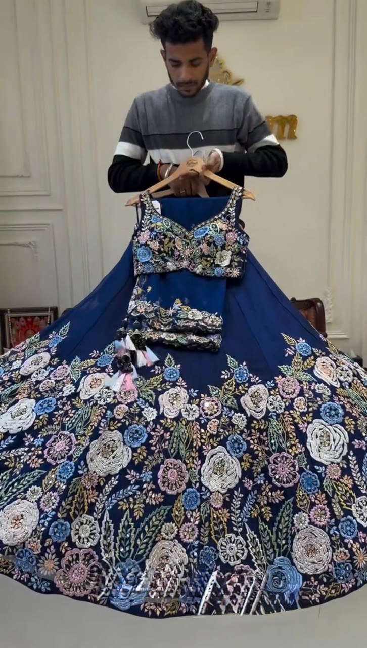 Designer Heavy Chinon Silk Lehenga Set with Thread & Sequin Work | 4M Flare with Cancan | Unstitched Choli & Dupatta with Cutwork Border - AGTO Fashion