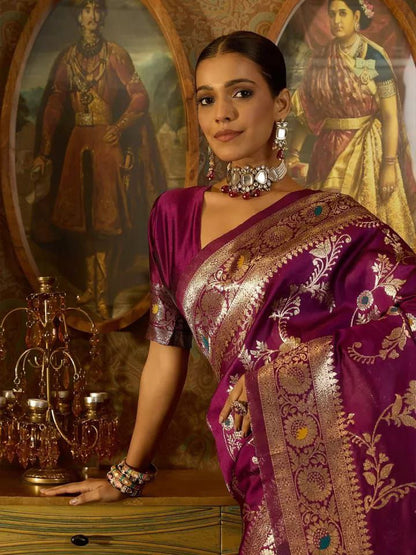 Banarasi Soft Silk Saree with Zari Work & Jacquard Border | Traditional Elegance from KASTURI Store - AGTO Fashion