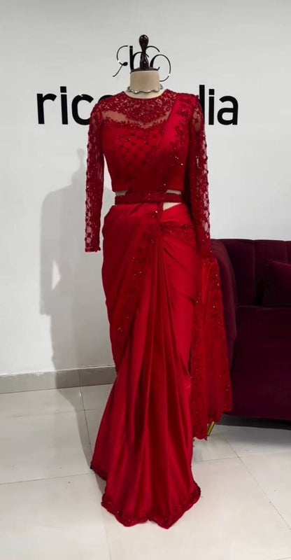 Tabby Silk Saree with Embroidery Sequins Work & Belt | Elegant & Stylish - AGTO Fashion