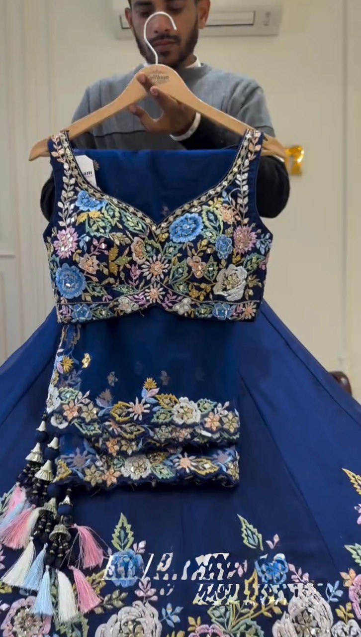 Designer Heavy Chinon Silk Lehenga Set with Thread & Sequin Work | 4M Flare with Cancan | Unstitched Choli & Dupatta with Cutwork Border - AGTO Fashion